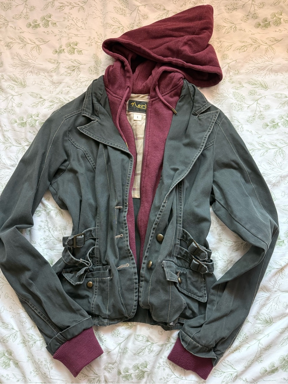 NORI Two-Tone Utility Jacket with Burgundy Hood and Cuffs